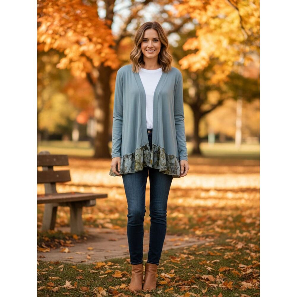 LOGO by Lori Goldstein Green Ruffle Hem Boho Cardigan - Size M